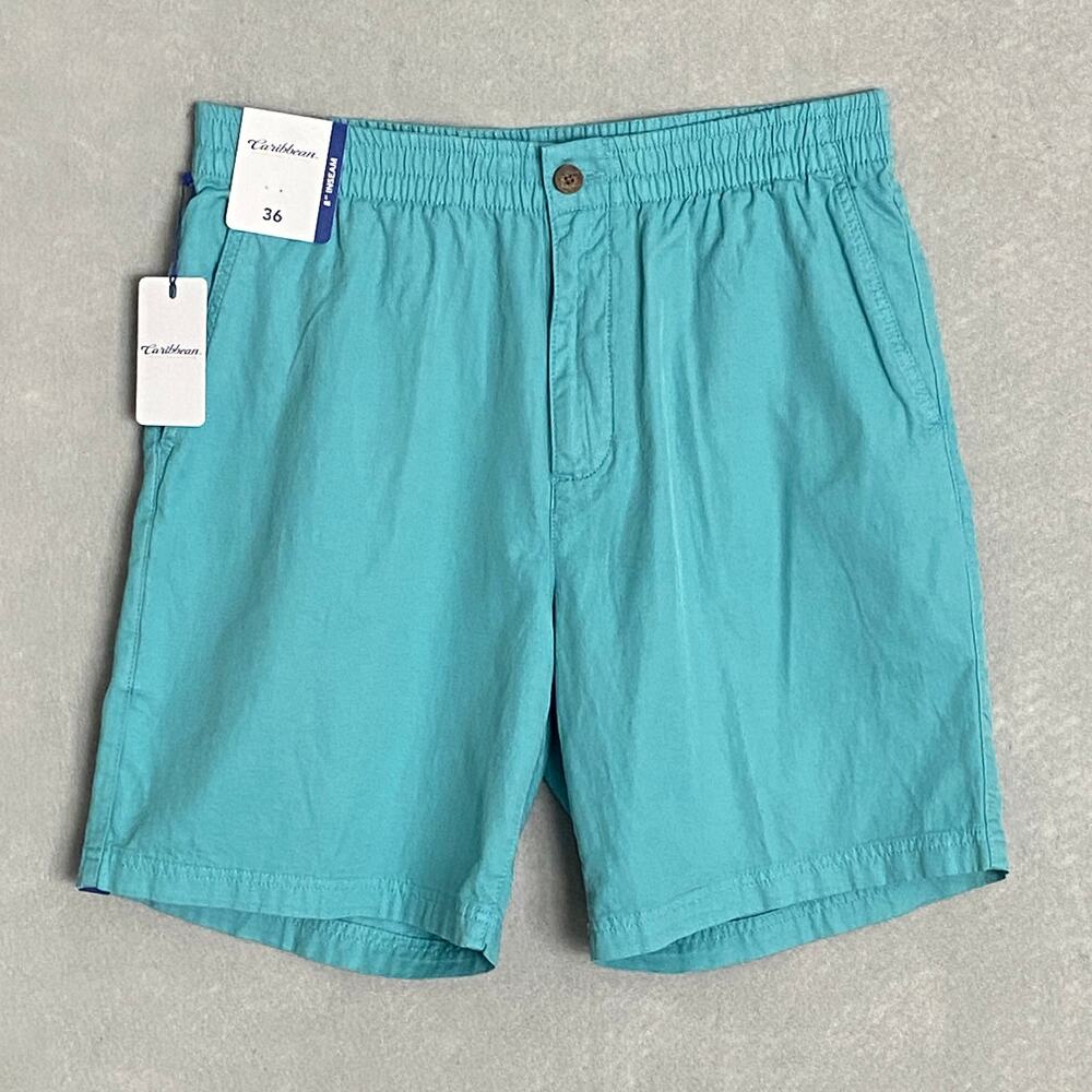 Caribbean Roundtree & Yorke Men's 36W Cotton/Linen Shorts 8" Inseam Blue NEW